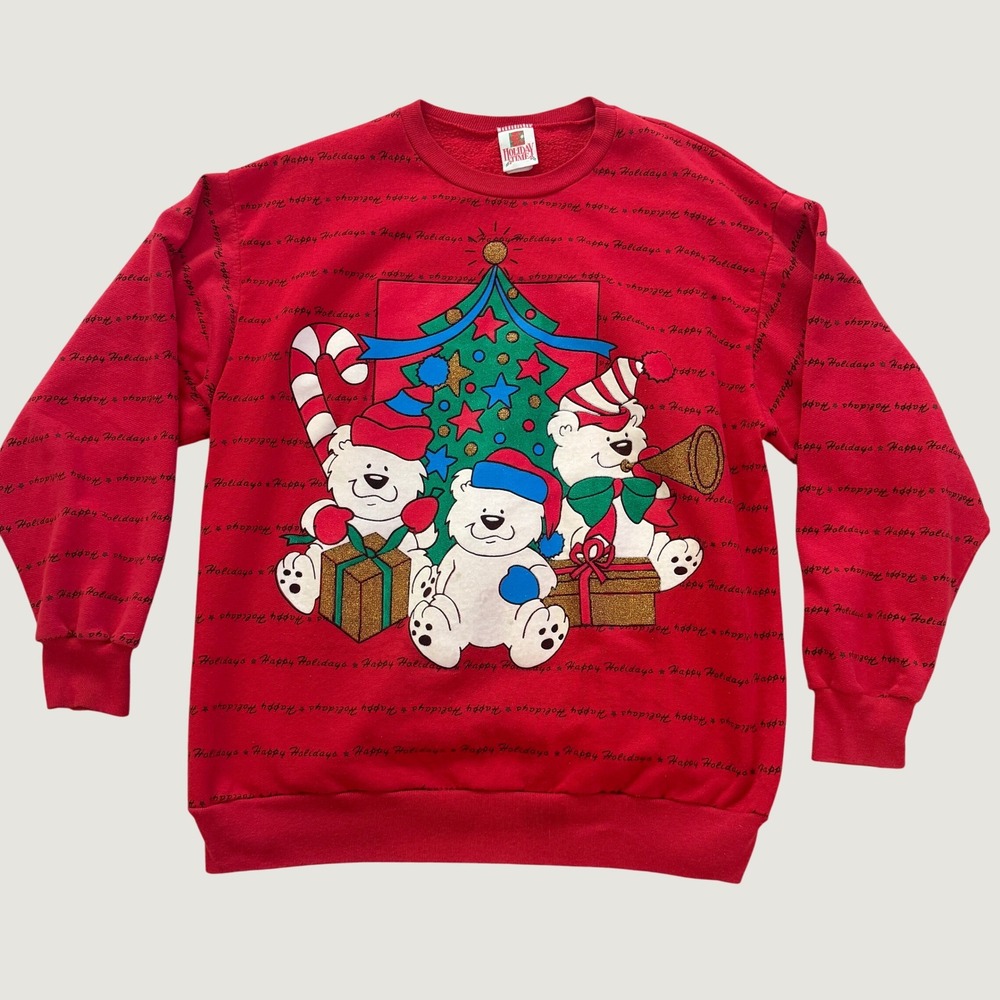 Holiday Time Womens Vintage Christmas Sweatshirt Red Polar Bear Graphic Medium